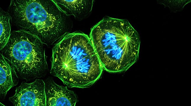 Fluorescence microscopy image of dividing animal cells showing blue chromosomes and green cytoskeleton during mitosis, illustrating biological cell division and scientific research concepts.