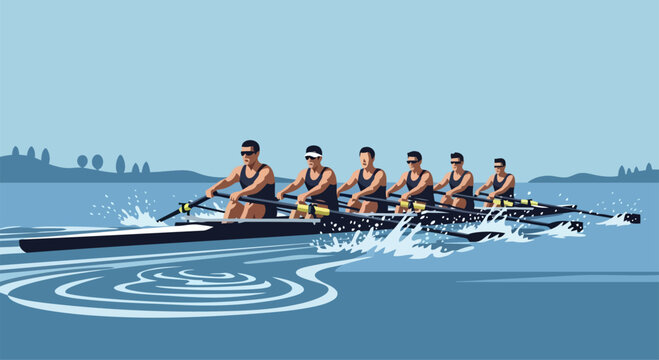 Rowing team of six men racing on lake.