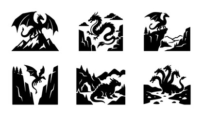 Fototapeta premium Mythical Dragon Silhouettes, Fantasy Creatures Vector Icons, Legendary Beasts Set