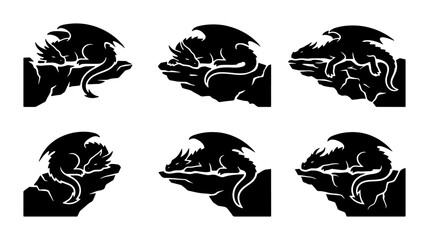 Obraz premium Mythical Dragon Silhouettes, Fantasy Creature Icons, Ancient Legend Vector Art, Dark Fantasy Character Set