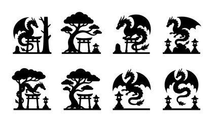 Obraz premium Dragon Silhouette Set, Japanese Torii Gate & Bonsai Tree Icons, Mythical Creature Vector Graphics