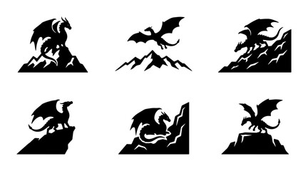 Fototapeta premium Dragon Silhouettes, Mythical Creatures, Fantasy Icons, Set of 6 Vector Graphics