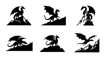 Fototapeta premium Dragon Silhouettes, Mythical Creatures, Fantasy Icons, Vector Art Set, Dark Fantasy Elements