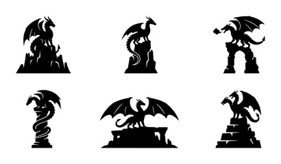 Fototapeta premium Mythical Dragon Icons, Fantasy Creature Silhouettes, Ancient Beast Emblems, Set of 6 Vector Graphics