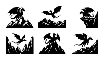 Fototapeta premium Mythical Dragon Silhouettes Set, Fantasy Creature Vector Icons, Epic Legend Art