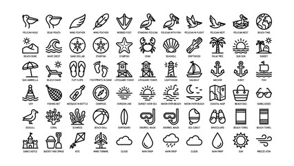 Collection of black line icons representing various beach and coastal travel themes with transparent backgrounds © Jason