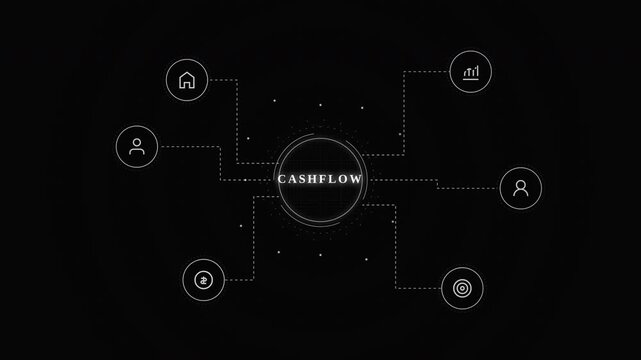 Sleek cashflow diagram with connected financial icons and central text on a dark background, concept for income tracker and personal finance management, suitable for business presentations and