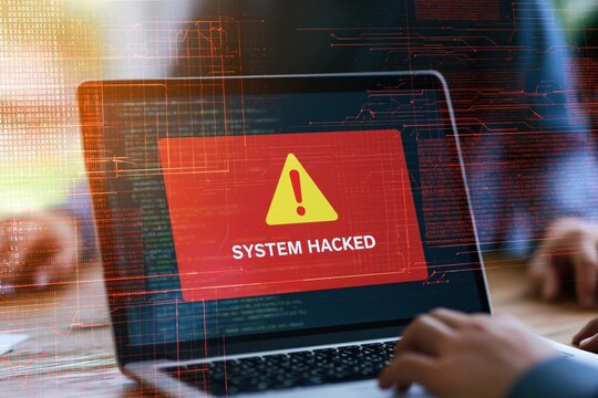 Hacked laptop screen showing a security warning and cybersecurity breach from a malware virus or cyber attack data