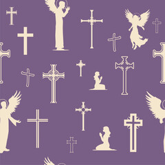 Fototapeta premium Seamless background with fantasy angels, praying women and Christian crosses