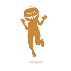 Obraz premium A leaping figure with a grinning jack-o-lantern pumpkin head jumps with energy. A playful Halloween silhouette for party, holiday, festival, autumn, costume, fun, humor and spooky celebration themes.