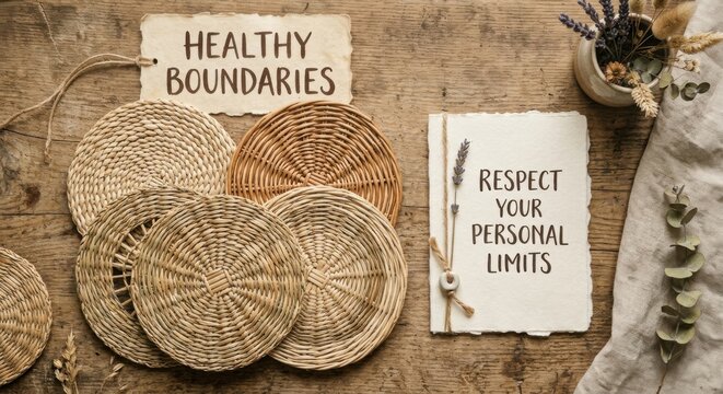 Healthy Boundaries Respect Personal Limits Message on Woven Mats and Wood