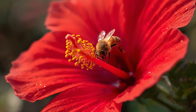 Red hibiscus flower with honeybee collecting pollen, macro