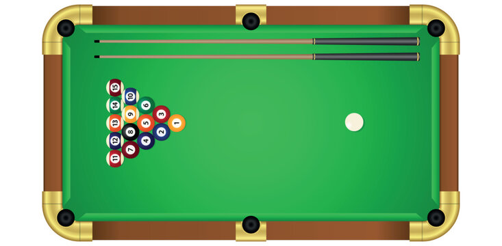 Top view of a billiard table with a racked set of colorful balls and two cues on a green felt surface