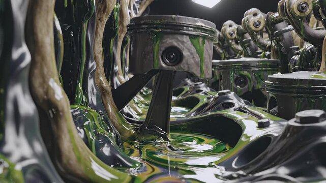 Close up of engine pistons covered in green slime and organic roots