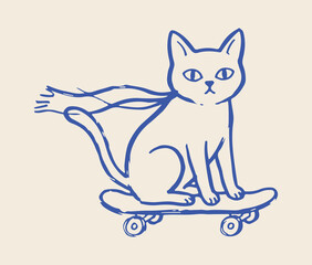 Hand-drawn cat on skateboard vector illustration, blue line art kitten wearing scarf, minimalist feline skater character for apparel design © Game Changer