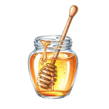 A clear glass jar filled with golden honey, with a wooden dipper inside and honey dripping from the rim to create a luxurious and natural product image.