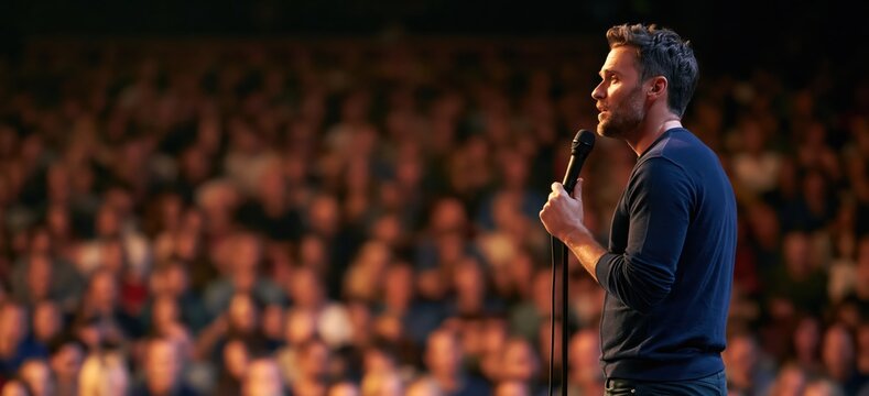 Comedian performing a standup comedy show on stage with a microphone speaking to an audience for live entertainment