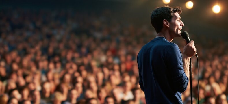 Comedian performing a live standup comedy show on a dimly lit theater stage with a microphone before a large crowd