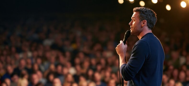 Comedian performing a standup comedy show on stage with a microphone in front of a blurred crowd of entertainment