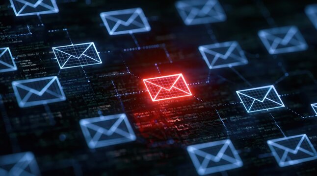 Email phishing threat with red envelope in a digital network of spam messages for cybersecurity and data security