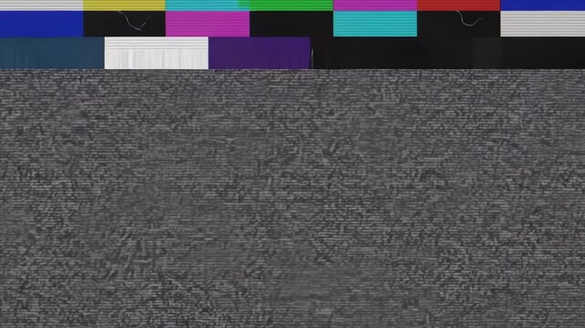 SMPTE color bars glitching with running timecode, broadcast signal failure effect.
