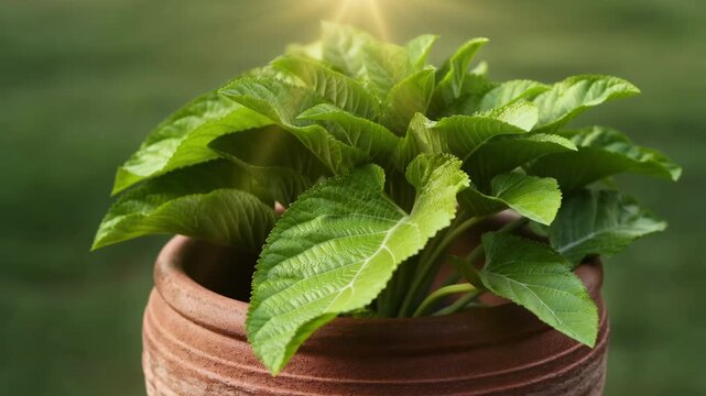 A lush green holy basil tulsi plant growing in a rustic clay pot under warm sunlight rays
