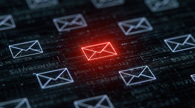 Email security concept with a glowing red envelope in a digital network grid for spam detection and data message