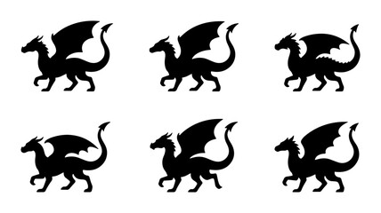 Obraz premium Six Black Dragon Silhouettes, Mythical Creature Vector Icons, Fantasy Beast Graphics