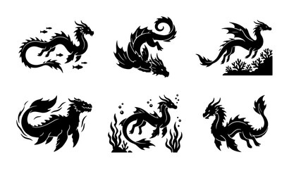 Fototapeta premium Mythical Sea Dragons, Aquatic Beasts, Fantasy Creatures Vector Set