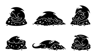 Dragon Treasure Icons, Mythical Creature Vector Graphics, Fantasy Beasts on Gold Coins, Magical Hoard Collection © Mondira