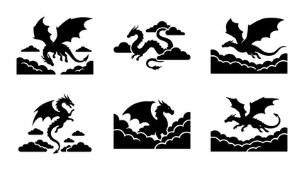 Fototapeta premium Mythical Dragon Silhouettes, Fantasy Creatures, Ancient Legends, Set of 6 Vector Icons
