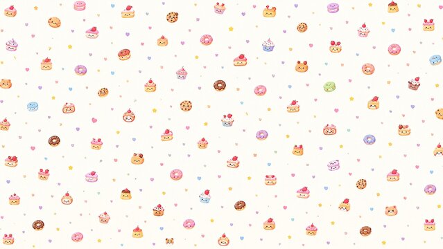 Cute seamless pattern background with tiny pink and red kawaii desserts and flowers on white. Sweet pastel childish graphic design template. Generative AI illustration for wallpaper or fabric.