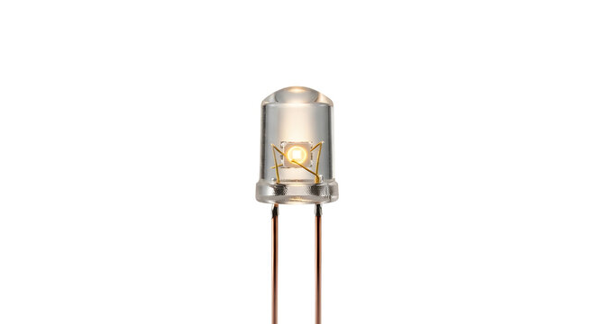 Single glowing standard round-top LED diode with warm light on a dark black background