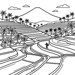 Fototapeta premium Asian Rice Terrace Fields with Mountain and Farmer Vector Illustration