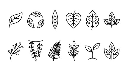 Obraz premium Minimal Plant and Leaf Motif Outline Icons Black Botanical Vector Collection