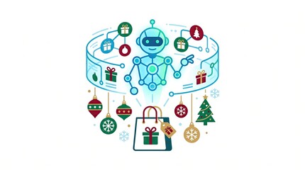 Fototapeta premium Christmas robot vector illustration with futuristic technology and holiday shopping bag