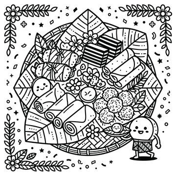 Traditional Indonesian Snacks Assortment Coloring Page Vector Illustration