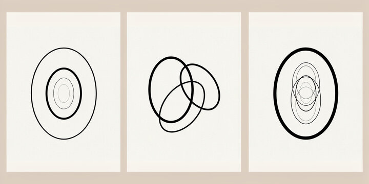 Minimalist line compositions featuring intersecting ovals and ellipses on beige background