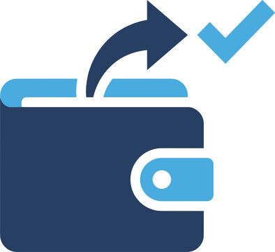 Cryptocurrency wallet vector icon with outgoing transaction and checkmark
