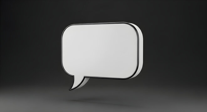 A minimalist 3D render of a blank white speech bubble communication icon isolated on a dark professional background for digital messaging