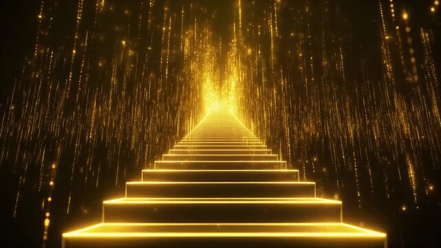 Golden staircase ascending into a glowing void filled with falling particles and bright light streaks