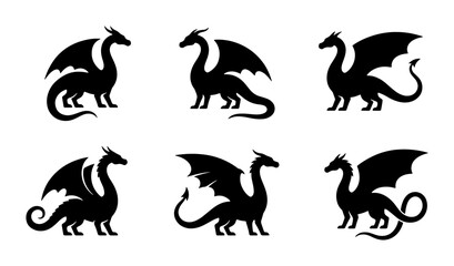 Obraz premium Mythical Dragon Silhouettes, Fantasy Creature Icons, Legendary Beast Vector Set, Ancient Legend Graphics
