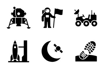 Space Exploration Icons: Astronaut, Rocket, Lunar Lander, Rover, Moon, Footprint © Kabita