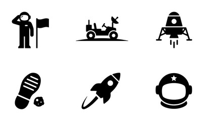 Space Exploration Icons Set: Astronaut, Rover, Rocket, Footprint, Helmet, Lander © Kabita
