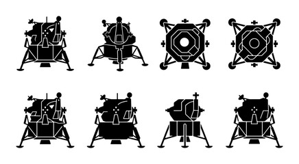 Lunar Lander Icons Set, Spacecraft Vector Graphics, Retro Sci-Fi Exploration Modules, Astronaut Landing Craft © Kabita