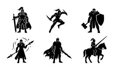 Fototapeta premium Medieval Knight Icons Set, Warrior Silhouettes, Heroic Figures, Fantasy Combat Poses, 6 Vector Elements