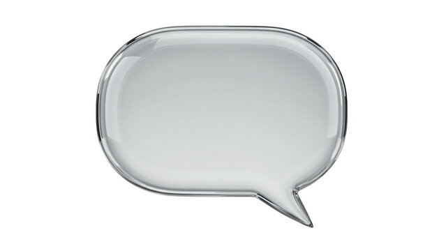 A three dimensional glossy glass speech bubble with rounded corners and reflective surfaces for communication isolated on a transparent background