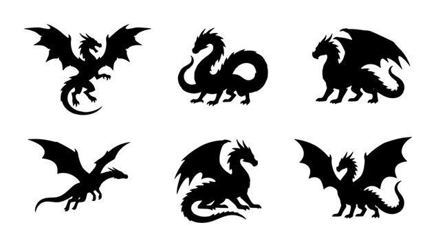 Mythical Dragon Silhouettes, Fantasy Creature Vector Icons, Legendary Beast Graphics, Ancient Lore Symbols