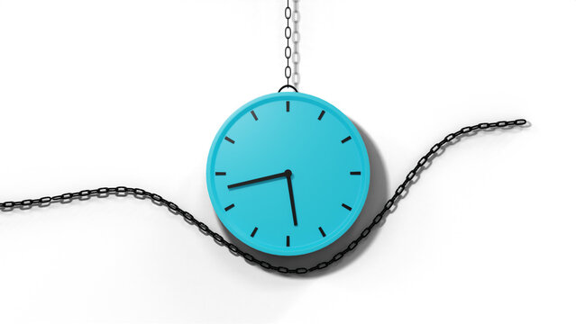 Bright cyan blue wall clock suspended with dark chain wave and shadow on transparent background