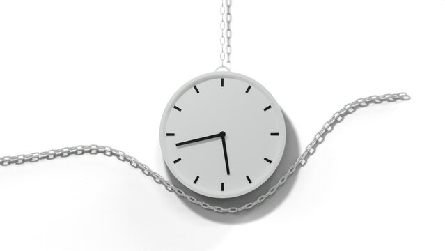 Hanging white clock with a silver metal link chain curving underneath casting soft shadow on transparent background